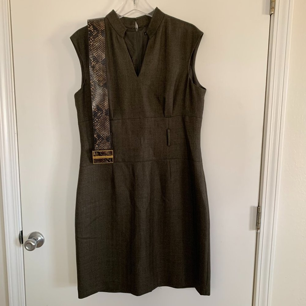 Antonio Melani dark olive greenish brown professional sleeveless belted dress